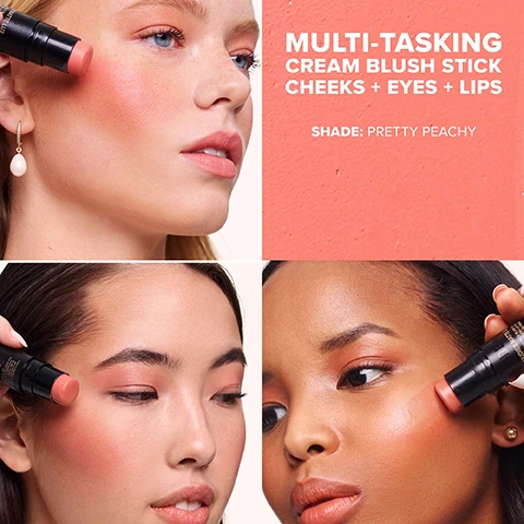 Image 1 - Image shows three women applying a cream blush stick to their cheeks, with the product featured prominently; visible text includes MULTI-TASKING CREAM BLUSH STICK CHEEKS + EYES + LIPS and SHADE: PRETTY PEACHY.
              Image 2 - A close-up of a woman with dark, curly hair shows instructions for makeup application: 1 CHEEKS - DRAW, STRIPE & BLEND FOR A LONG WEARING BUILDABLE BLUSH, 2 EYES - APPLY TO EYES FOR ALL OVER FACE COLOR, 3 LIPS - TAP ONTO LIPS FOR SOFT CREAM COLOR and the phrase EASY STRIPE, BLEND, GO.
              Image 3 - Image shows three women applying different types of blush sticks on their cheeks, with visible text describing the product types, textures, finishes, and benefits of the Nudies blush line.
              Image 4 - Image of stacked makeup sticks in shades of pink and brown with the text: SKIN-LOVING MAKEUP THATS ALL YOU, Minimalist clean, skin-loving ingredients that you can always feel good about, MOISTURIZING & NATURAL ANTIOXIDANT, Vitamin E, ANTI-AGING & ANTI-OXIDANT, Green Tea, 45% EMOLLIENT-RICH COMPLEX.
              Image 5 - Two arms are shown side by side with various lip color swatches in shades of peach, pink, and nude; the left arm displays swatches labeled Dolce Darlin, Nude Buff, Juicy Melons, Pretty Peachy, and Rosy Posy.
              Image 6 - Image showing five makeup sticks on a white background with swatches of colors beneath each, labeled from top to bottom as Nude Buff, Pretty Peachy, Rosy Posy, Juicy Melons, and Dolce Darlin, with the title Luxuriously Softmatte Lux and the description Nudes / Corals / Pinks.
              Image 7 - Image of three blush balm sticks with visible text that reads LUXURIOUSLY SOFT BLUSH BALM For Cheeks + Eyes + Lips On The Go EASY TO BLEND Cream-To-Powder formula Made in Korea Softest Matte, Blurring Blush Color LONG WEARING Non-drying, non-feathering, Performance Pigments FRESH COLOR PAYOFF Clean High-Performance Blush Color.
              Image 8 - A black container holds a cosmetic product labeled NUDIES ALL OVER FACE COLOR next to a rectangular travel mirror, with text that reads SAVE A TIN! and TRAVEL TO-GO MIRROR.