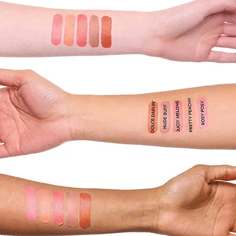 Image 1, shades shown on three different skin tones. Image 2, all shades