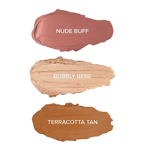 Image 1 and 2- Images of the product swatches with their shade name. Shades include- Nude Buff, Bubbly Bebe and Terracotta Tan