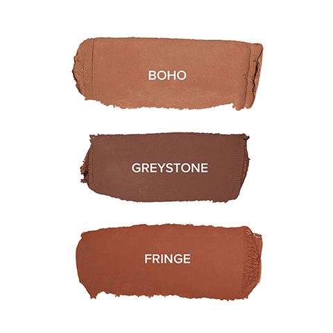Three swatches with their shade names. Shades include- Boho, Greystone and Fringe