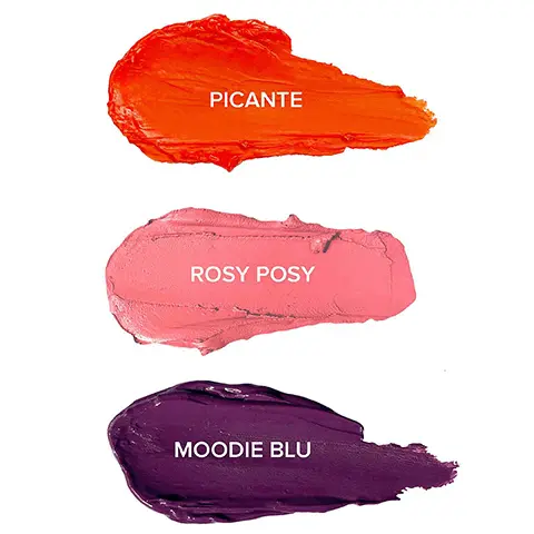 Image 1, swatches of picante, rosy posy, moodie blue. Image 2, picante = cream to powder matte blush, rosy posy = matte cream blush and moodie blue = matte cream blush. Image 3, swatches of picante, rosy posy, moodie blue.