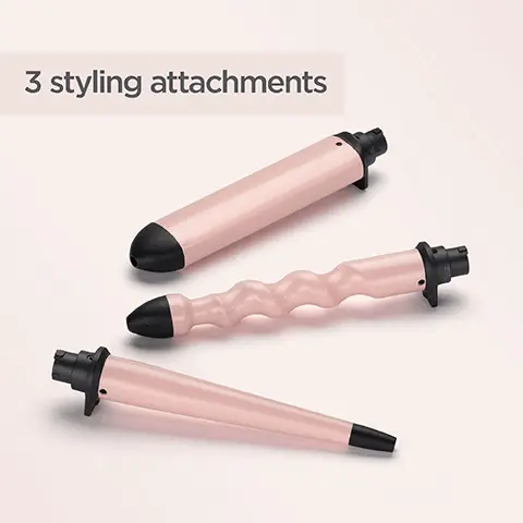 Image 1, 3 styling attachments. Image 2, beachy waves. Image 3, loose waves. Image 4, smooth curls. Image 5, 2 heat settings.