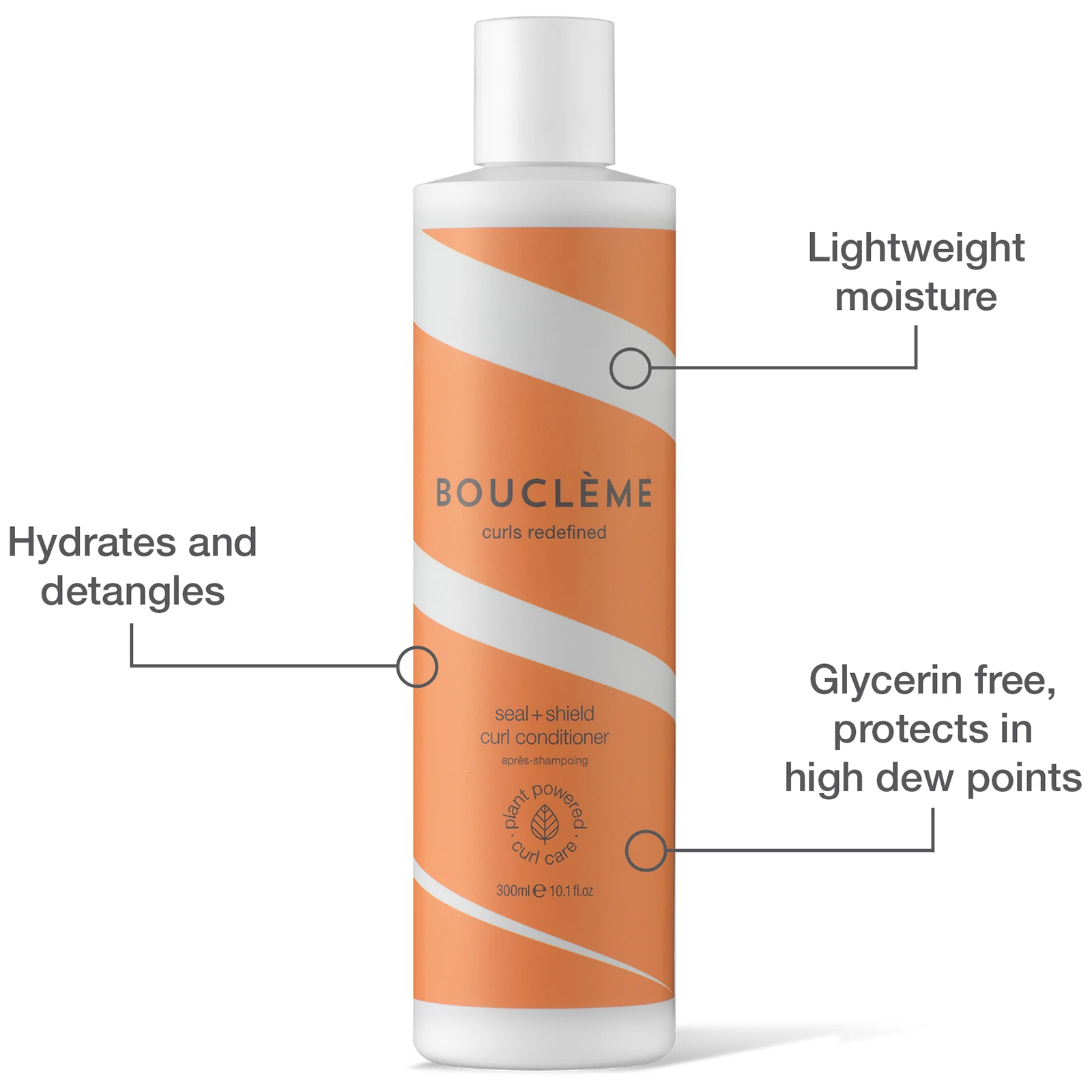 lightweight moisture, hydrates and detangles, glycerin free hydrates in high dew points.