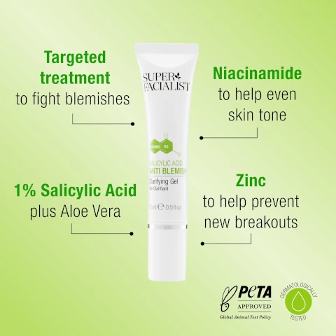 targeted treatment to fight blemishes. niacinamide to help even skin tone. 1% salicylic acid plus aloe vera. zinc to help prevent new breakouts. peta approved cruelty free. dermatologically tested