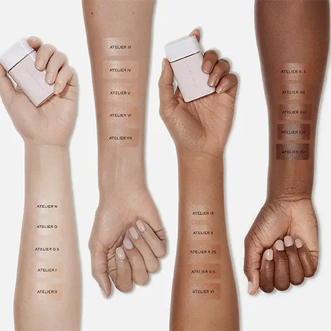 Image 1, Model hand swatch of all shades. Image 2, Foundation that works with your skin, not over it. Instantly hydrates and evens tone. Improves skin texture, firmness and radiance over time. Image 3, Improve skin quality drop by drop 100% agree skin feels instantly hydrated, even after the product is removed, 97% saw a visible reduction of pores on bare skin after 2 weeks. 97% agree skin feels firmer after 2 weeks. Image 4, Made from recycled sugarcane. Reducing our carbon footprint 100% BPA and phthalate free. Image 5, Conceal and spot check, even tone and set and boost makeup. Image 6-9, Images showing various models wearing all shades from the complexion drop range