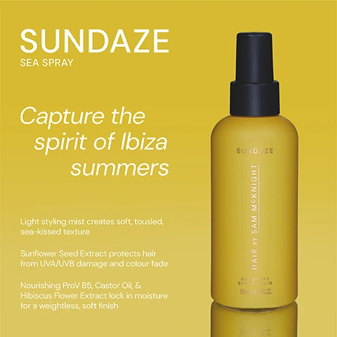 Image 1 - A bottle of Sundaze Sea Spray with a black cap on a light yellow background, featuring the text Sundaze at the top, Sea Spray underneath, and a description of the products benefits and ingredients below.
              Image 2 - A spray bottle of Sundaze beach wave product on a solid yellow background, featuring five-star ratings and customer reviews stating it is the best beach wave product, enhances hair beauty with perfect waves, and adds body to hair.