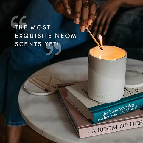 Image 1, the most exquisite neom scents yet. Image 2, grapefruit, mandarin and eucalyptus refreshing and enlivening. Image 3, sustainably chic ceramic candles, created for you to light and enjoy keep and reuse