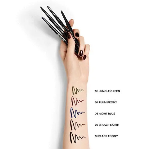 Image 1, 05 jungle green, 04 plum peony, 03 night blue, 02 brown earth, 01 black ebony Image 2, swatches of the shades repeated Image 3, shows the shades modelled on three different skin tones