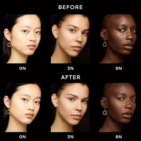 Image 1, 85% rejuvenating skincare-based Image 2, Matte, Glow Image 3, Before 0N, 3N, 8N, Image 4, shows swatches of the product shades modelled across four different skin tones. Image 5, an intuiive, precise and controlled application