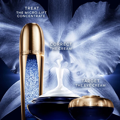 Image 1, treat the micro-lift concentrate. correct the cream. target the eye cream. image 2, guerlain is actively committed to protecting orchids and regenerating their natural habitat. tianzi reserve for biodiversity.