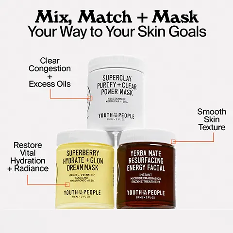 Image 1, mix, match and mask, your way to your skin goals. Clear congestion and excess ouil with Superclay purity plus clean power mask. Restore vital hydration and radiance with superberry hydrate and glow dream mask. Smooth skin texture with yerba mate resurfacing energy mask. Image 2, physical plus enzymatix exfolitation, detoxifying clay mask, rich and hydrating overnight mask.