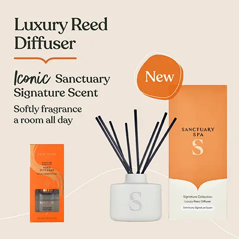 Image 1, luxury reed diffuser, iconic sanctuary signature scent, softly fragrance a room all day. Image 2, iconic sanctuary signature scent, reusable jar, lasts between 3 and 5 months. Image 3, cruelty free, vegan product, 0% mineral oil