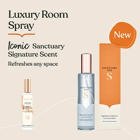 Image 1, luxury room spray, iconic sanctuary signature scent, refreshes any space. Image 2, induldge our signature scent of jasmine, grapefruit and vanilla. Image 3, cruelty free, vegan product, 0% mineral oil