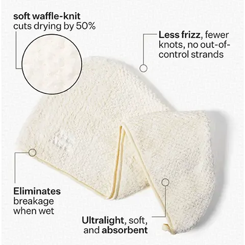 Image 1, soft waffle-knit cuts drying by 50%, less frizz, fewer knots, no out-of-control strands, significantly reduces breakage when wet, ultralight, soft, and absorbent. Image 2, Loved by Goop, Forves, Coveteur, Elite Daily, Byrdie