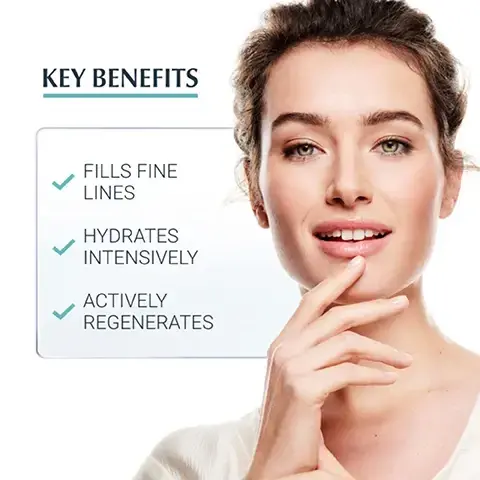 Image 1, key benefits = fills fine lines, hydrates intensively, actively regenerates. image 2, night, anti-age, ultra light texture. image 3, clinical proven result 72 hour moisture. image 4, HYALURONIC ACID ENOXOLONE VITAMIN E image 5, clinical proven result 72 hour moisture. image 5, recommended routine. 1 = booster, 2 = mask, 3 = spray.