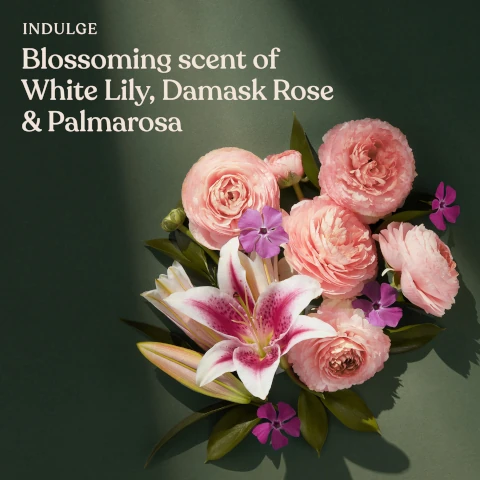 induldge in the blossoming scent of white lily, damask rose and palmarosa