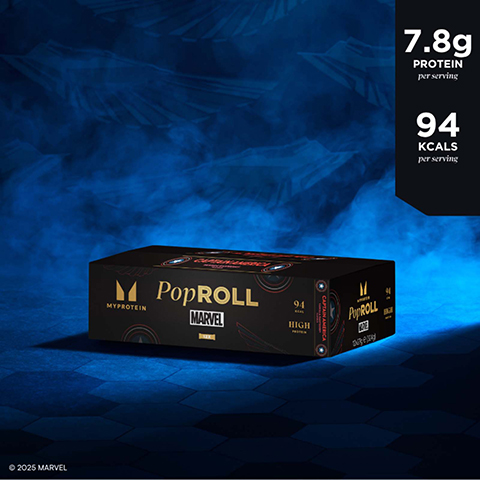 A black Myprotein PopRoll Marvel box is shown on a blue background, featuring text PopROLL MARVEL, MYPROTEIN, 94, HIGH PROTEIN, and on its side CAPTAIN AMERICA, 12X 30G/360G, with additional text on the right displaying 7.8g PROTEIN per serving and 94 KCALS per serving, and © 2025 MARVEL at the bottom left.