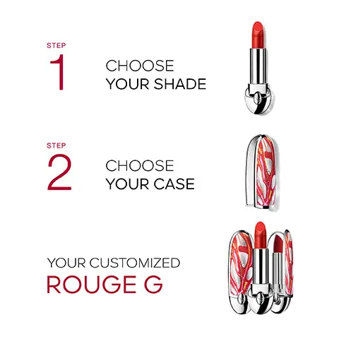 Image 1- Step 1 choose your shade, Step 2 Choose your case, your customised Rouge G. Image 2- Model arm swatch of all shades. Image 3 to 8 - Model lip shots of wearing velvet metal lipstick shades
