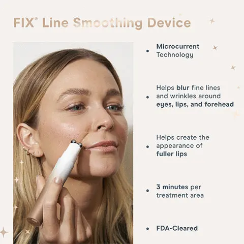 Image 1, FIX® Line Smoothing Device, Microcurrent Technology, Helps blur fine lines and wrinkles around eyes, lips, and forehead, Helps create the appearance of fuller lips, 3 minutes per treatment area, FDA-Cleared Image 2, NUFACE FIX LINE SMOOTHING DEVICE, BASELINE (image), INSTANT (image) REDUCED UNDEREYE FINE LINE & WRINKLES