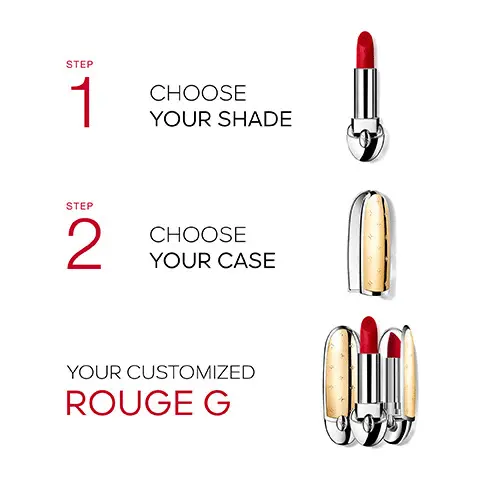 Image 1, Step 1, Choose your shade. Step 2, Choose your case Step 3, Your customized rouge G. Image 2, Nude Alchemy model lip shots. Image 3, Dreamy Garnet model lip shots.