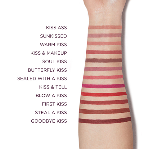 Model arm swatch: Kiss ass, sunkissed, warm kiss, kiss and makeup, soul kiss, butterfly kiss, sealed with a kiss, kiss and tell, blow a kiss, first kiss, steal a kiss and goodbye kiss