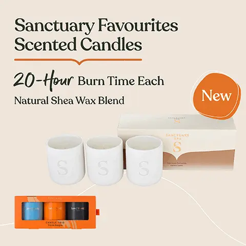 Image 1, sanctuary favourites scented candles, 20 hour burn time each natural shea wax blend. Image 2, trio candle gift set, 20 hour burn time each, natural shea wax blend, three unique fragrances, reusable ceramic jars. Image 3, cruelty free, vegan product, 0% mineral oil, contains natural shea wax blend