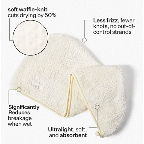 Image 1, soft waffle-knit cuts drying by 50%, less frizz, fewer knots, no out-of-control strands, significantly reduces breakage when wet, ultralight, soft, and absorbent Image 2, Loved by Goop, Forves, Coveteur, Elite Daily, Byrdie
