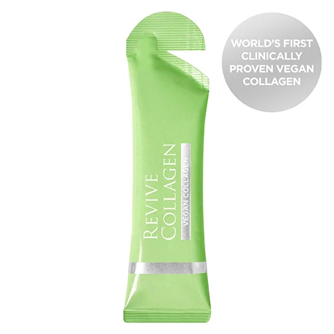 Image 1 - Image of a green sachet labeled Revive Collagen and a circular text that states Worlds First Clinically Proven Vegan Collagen.
              Image 2 - Image shows a package of Revive Collagen, a vegan collagen alternative, displayed against a light green background with a red drop of liquid and a glossy bead nearby; visible text includes descriptions of ingredients like Panax Ginseng, Retinol, Biotin, Vitamin B6, Vitamin C & D, and Vitamin E, highlighting their benefits, along with the note Great-tasting Raspberry flavour!
              Image 3 - A green collagen supplement packet is partially submerged in water, with bubbles surrounding it and a circular label stating -14.1% reduction in wrinkles.
              Image 4 - An arrangement of green boxes labeled Revive Collagen beside a white pot containing an aloe vera plant, with a circular text overlay stating 80-90% had improvements to their skin in just 4 weeks!
              Image 5 - A circular arrangement of green packets labeled Revive Collagen is surrounded by a text bubble stating -16.3% reduction in skin redness.