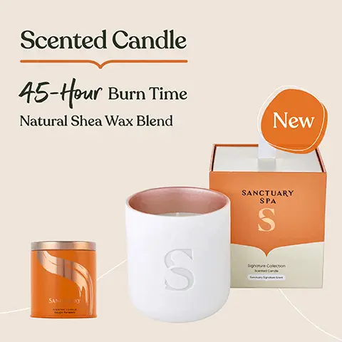 Image 1, scented candle, 45 hour burn time natural shea wax blend. Image 2, scented candle, 45 hour burn time, natural shea wax blend, reusable ceramic jar. Image 3, cruelty free, vegan product, 0% mineral oil, contains shea wax blend