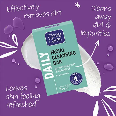 Image 1, effectively removes dirt, cleans away dirt and impurities, leaves skin feeling refreshed. Image 2, Easy to rinse, doesn't over dry skin. Image 3, The clean and clear bundle, the three clear skin steps. Step 1 Facial Cleansing Bar- Cleans away dirt and impurities for clearer skin. Step 2- Deep Cleansing Sensitive Lotion- Removes everyday build-up of oil, dirt and grease that cannot always be removed with water. Step 3- Daily Dual Action Moisturiser- Moisturises and helps to reduce the appearance of blemishes