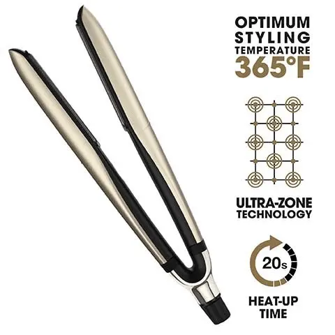 Image 1, optimum styling temperature 365F, ultra-zone technology, 25 second heat up time. Image 2, before and after 2 times more color protection. Image 3, before and after 70% stronger hair. Image 4, 75% more shine