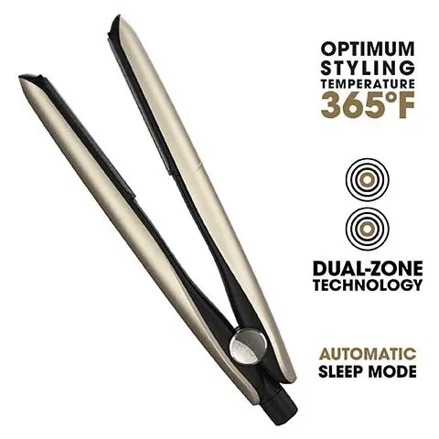 Image 1, optimum styling temperature 365F, ultra-zone technology, automatic sleep mode. Image 2, sleeker, smoother and healthier looking hair* *December 2020, over 71% of 79 consumer agrees vs the current styler