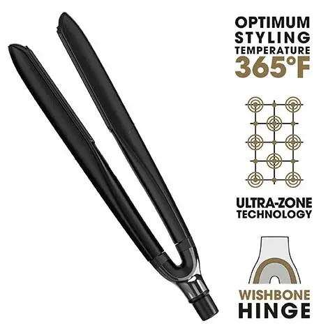 Image 1, optimum styling temperature 365F, ultra-zone technology, wishbone hinge. Image 2, before and after 2 times more color protection. Image 3, before and after 70% stronger hair. Image 4, 75% more shine