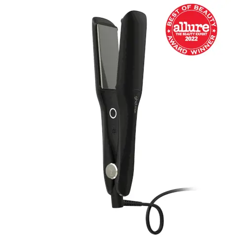 Image 1, best of beauty award winner, allure the beauty expert 2022. Image 2, optimum styling temperature 365F, 70% larger plates, styling in half the time. *vs ghd original, July 2020 80% of 140 consumer agreed vs their current styler. Image 3, before and after 2 times less frizz. Image 4, before and after styling in half the time, 8/10 agree. *July 2020 60% of 140 consumers agreed vs their original styler.