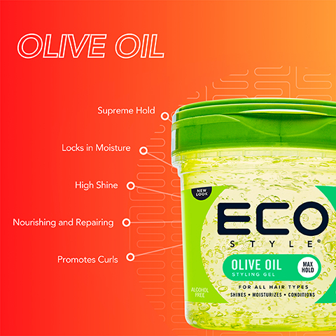 Image 1 - A green jar of Eco Style Olive Oil Styling Gel with visible benefits listed including Supreme Hold, Locks in Moisture, High Shine, Nourishing and Repairing, and Promotes Curls, set against a gradient background of red to orange with the text OLIVE OIL prominently displayed.