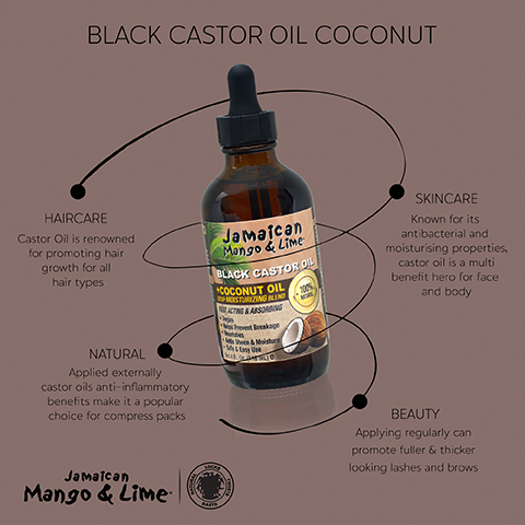 Image 1 - A brown glass bottle of Jamaican Mango & Lime Black Castor Oil Coconut with a dropper lid, surrounded by circular arrows indicating its uses in haircare, skincare, natural benefits, and beauty, with text highlighting its features and benefits for hair and skin.