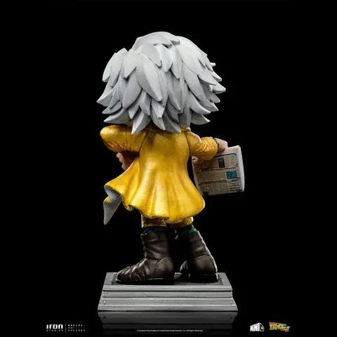 Gif showing the figure from multiple angles. Text on the images reads Iron Studios. Universal City Studios LLC and Ambiln entertainment, inc, All rights reserved. five point nine inches height, three point one inches width, three point one inches depth. two hundred and eighty grams