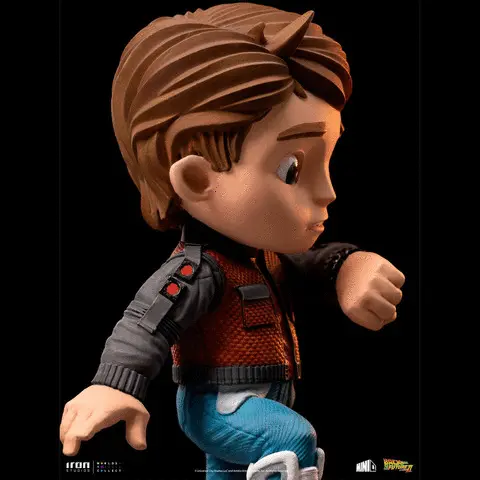 Gif showing the figure from multiple angles. Text on the images reads Iron Studios. Universal City Studios LLC and Ambiln entertainment, inc, All rights reserved. five point five inches height, three point one inches width, three point one inches depth. two hundred and eighty grams