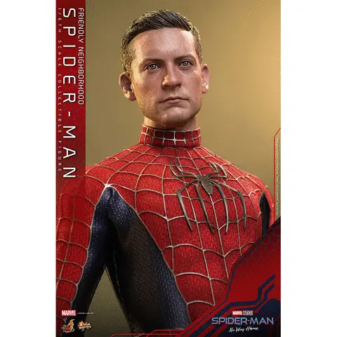 gif showing the Spiderman figure in multiple poses and angles. Text on the images reads Marvel Studios Spiderman No way Home. Friendly Neighbourhood spider-man. one sixth scale collectable figure. Hot Toys Prototype shown is not final. Pending licensor approval.