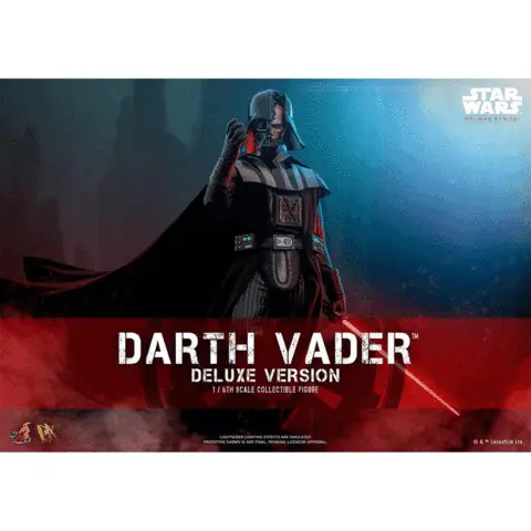 gif showing the Darth Vader figure in multiple poses and angles. Text on the images reads Star Wars Obi Wan Kenobi, Darth Vader Delux version one sixth scale collectable figure. Hot Toys. Lighting effect has been enhanced for LED lighted lighsaber. Prototype shown is not final. Pending licensor approval