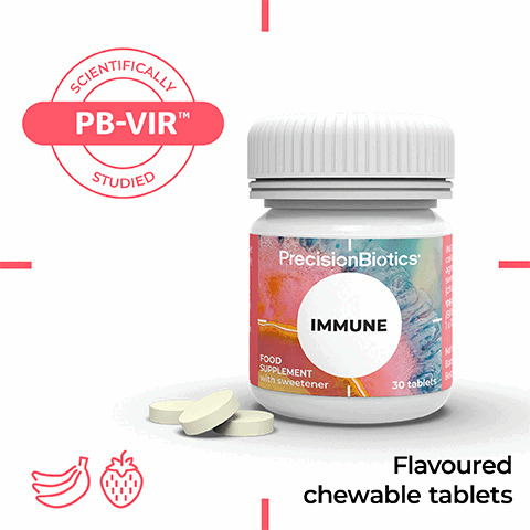 Flacoured chewable tablets, scientifically studied. INGREDIENTS: Isomalt, microcrystalline cellulose, bacterial straint, anti-caking agent: magnesium stearate, flavourings, sweetener: sucralose, cholecalciferol (vitamin D3).NUTRITION INFORMATIONPER TABLET Vitamin D*PB-VIR strain%NRV** (Bifidobacterium 10ug 200% longum) 1 x 109 bacterial cells per tablet. ††NRV = Nutrient Reference Value.XXGMO FREE, vegetarian