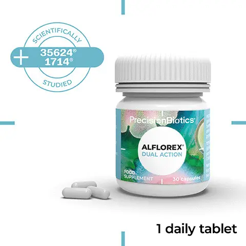 I daily tablet, Bacterial cultures proven to reach the gut alive. INGREDIENTS: Calcium carbonate, corn starch, gelling agent: hydroxypropyl methyl cellulose, bacterial culturest, calcium D-pantothenate, anti-caking agent: magnesium stearate, pyridoxine hydrochloride (vitamin B6).NUTRITION INFORMATIONPER CAPSULE%NRV** 15%120mgCalcium Pantothenic acid 6mg 100% Vitamin B61.4mg 100%SCIENTIFICALLY35624RSTUDIED+1714R and 35624R strains (Bifidobacterium longum) 1x109 CFU$ per capsule. **NRV = Nutrient Reference Value. $CFU = Colony Forming Units.SCIENTIFICALLY1714RSTUDIED. There are very few actions which you can honestly say have transformed your health for the better; taking Alflorex Dual Action has been my pivotal moment. John