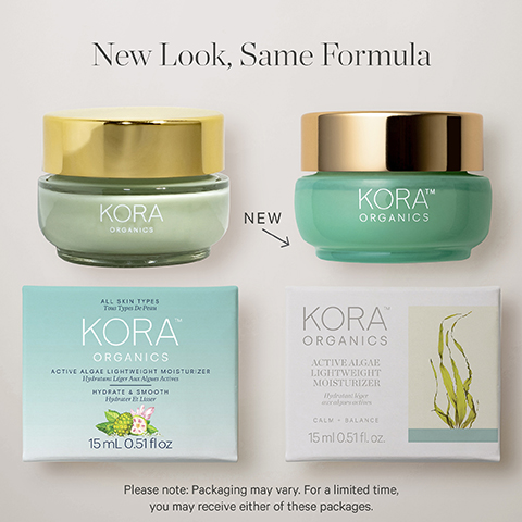 Image 1 - Image shows two jars of moisturizer, one with a golden lid and the other with a teal lid, placed beside a white box containing a moisturizer with similar branding; visible text includes New Look, Same Formula, KORA ORGANICS, and details about the product.