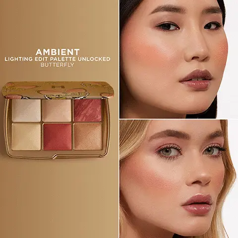Image 1, ambient lightening palette unlocked butterfly. Image 2, shade names - ethereal light finishing powder, incandescent light strobe powder, soft flush blush, diffused light finishing powder, sunset glow blush, celestial strobe light strobe powder