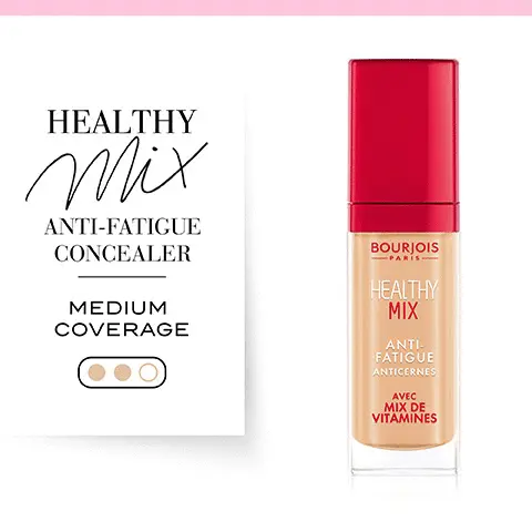 Image 1, Healthy mix anti-fatigue concealer, medium coverage. Image 2, With vitamin mix, vitamin and nutrient boost. Image 3, Conceals dark circles. Image 4, Highlights face areas. Image 5, Choose your shade