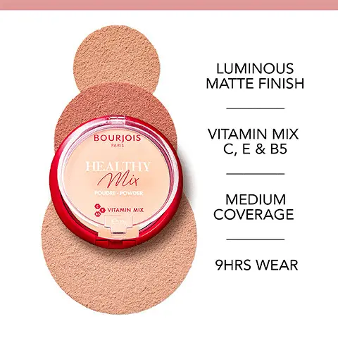 Image 1, luminous matte finish, vitamin mix C, E and B5, medium coverage and 9 hours wear. Image 2, Even and luminous matte complexion before and after shot. Image 3, Long lasting anti shine and anti dull. Image 4, With Vitamin mix. Image 5, Complete your look