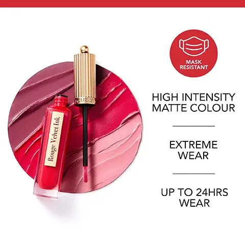 Image 1, mask resistant, high intensity matte colour, extreme wear, up to 24 hours. Image 2, extreme wear and transfer proof. Image 3, intense matte ink pigment. Image 4, line and fill applicator. Image 5, complete the look