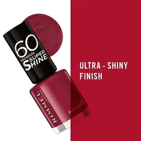 Image 1, ultra shiny finish. Image 2, quick drying under 60 seconds. Image 3, one stroke colour with a base and top coat. Image 4, up tp 10 days wear