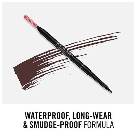 Image 1, defines shape and grooms brows. Image 2, waterproof, long wear, and smudge proof formula. Image 3, pencil and spoolie to blend and distribute product. Image 4, 1.5mm ultra fine tip to create hair like strokes. Image 5, choose your shade.