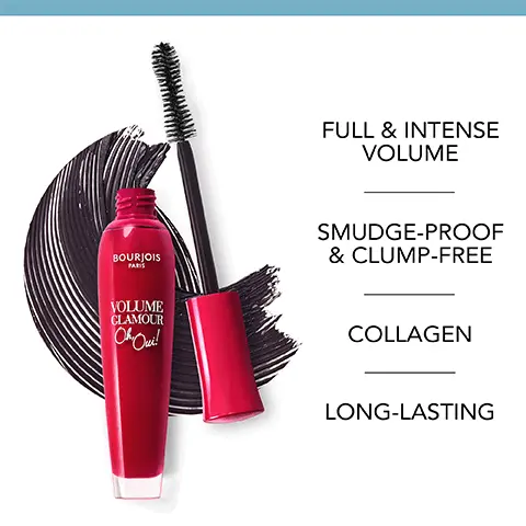 Image 1, Full and intense volume, smudge proof and clump free, collagen and long lasting. Image 2, smudge proof and clump free. Image 3, Black Pigments. Image 4, Hourglass fiber brush. Image 5, Complete your look